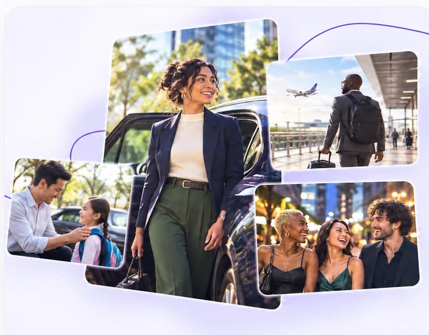 A collage showing a father with his child, a professional woman beside a car, an airport traveller, and friends enjoying an evening out.