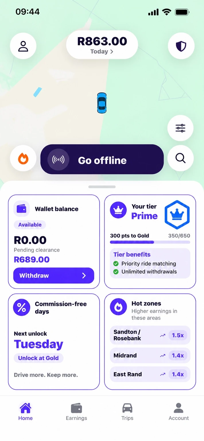 Zylo Driver home screen showing today's earnings, wallet, driver tier, commission-free days and hot zones