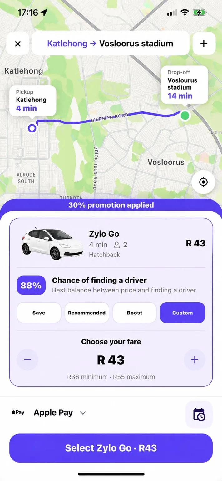 Zylo Rider app showing a Katlehong to Vosloorus Stadium trip, 30% promotion, Zylo Go and Choose Your Fare controls