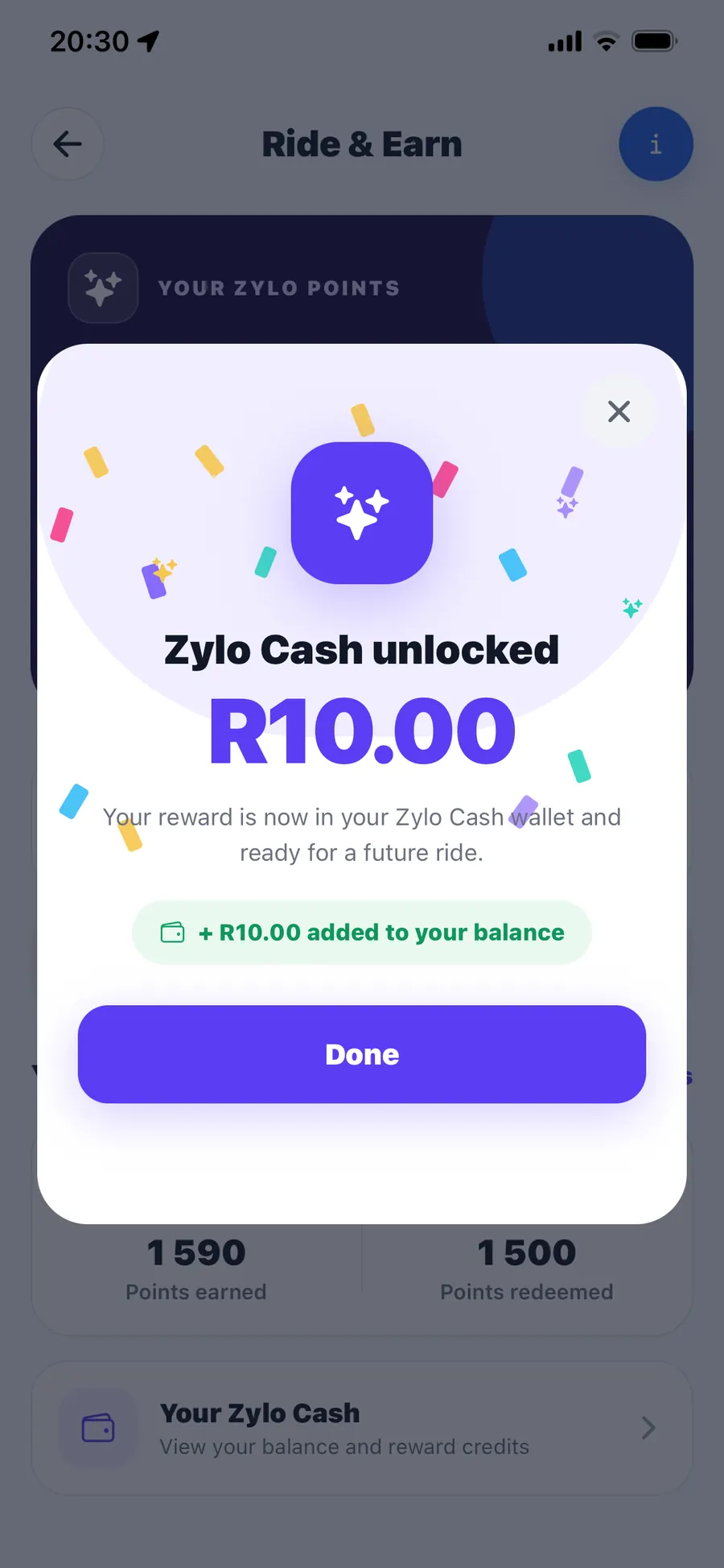 Zylo Ride & Earn screen showing R10 Zylo Cash unlocked and added to the rider balance