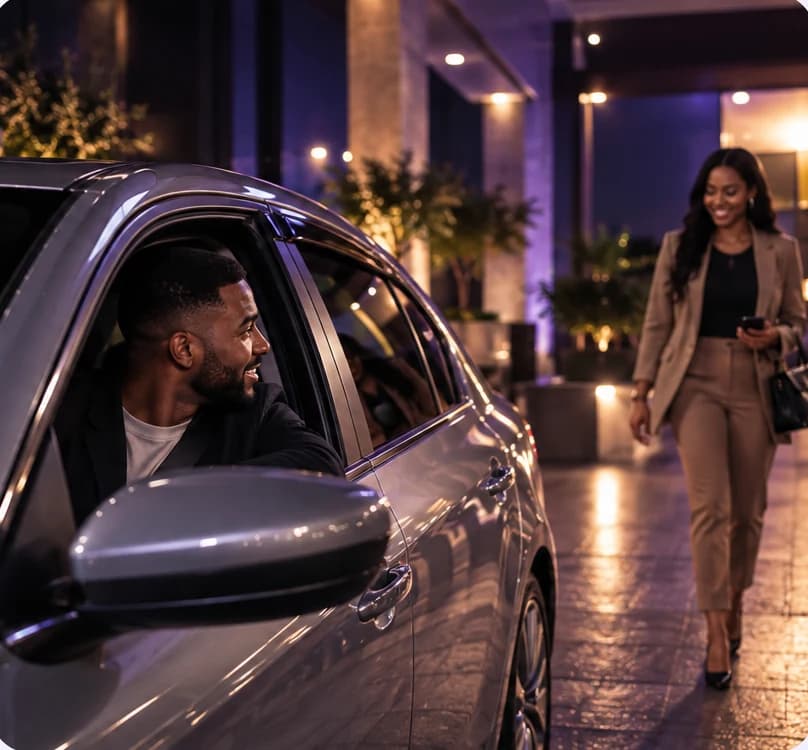 A driver in a clean car preparing to meet an approaching rider at night