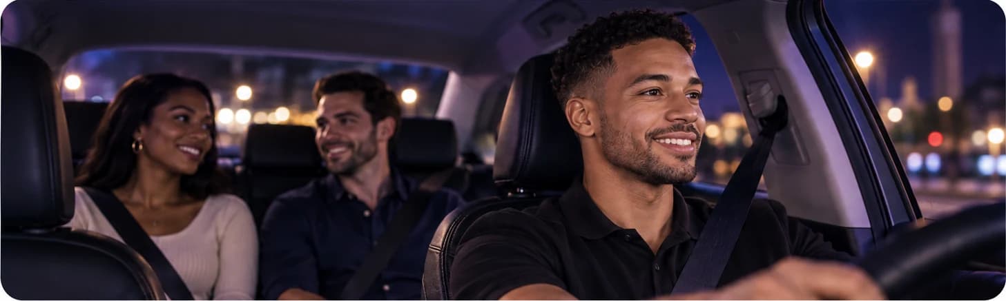 A driver and a multi-racial couple travelling at night with everyone wearing seat belts