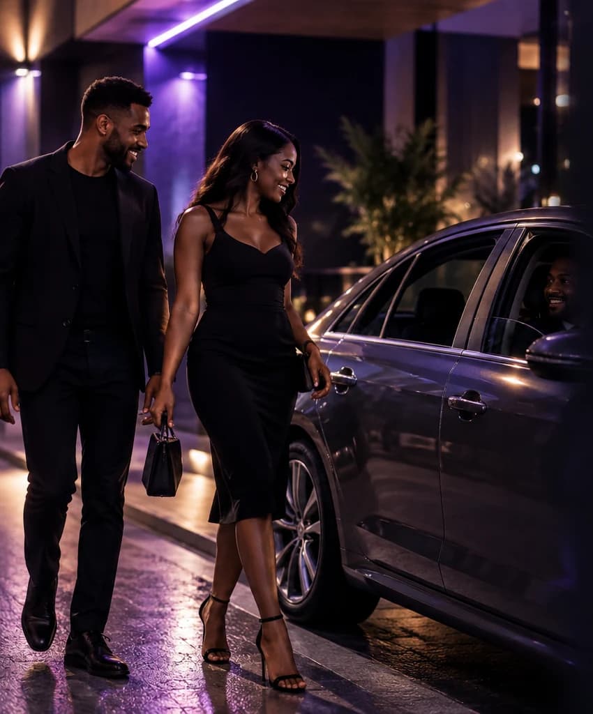 A couple approaching a clean car at night while the driver waits inside