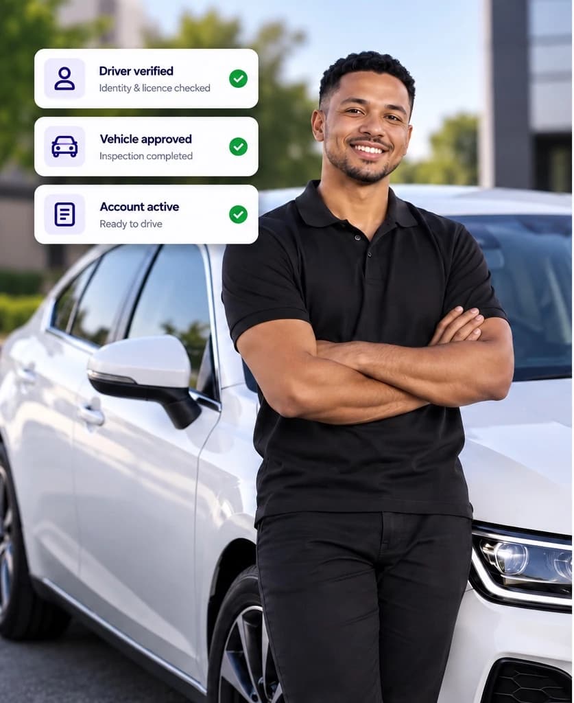 A driver beside a clean unbranded vehicle with verification status cards
