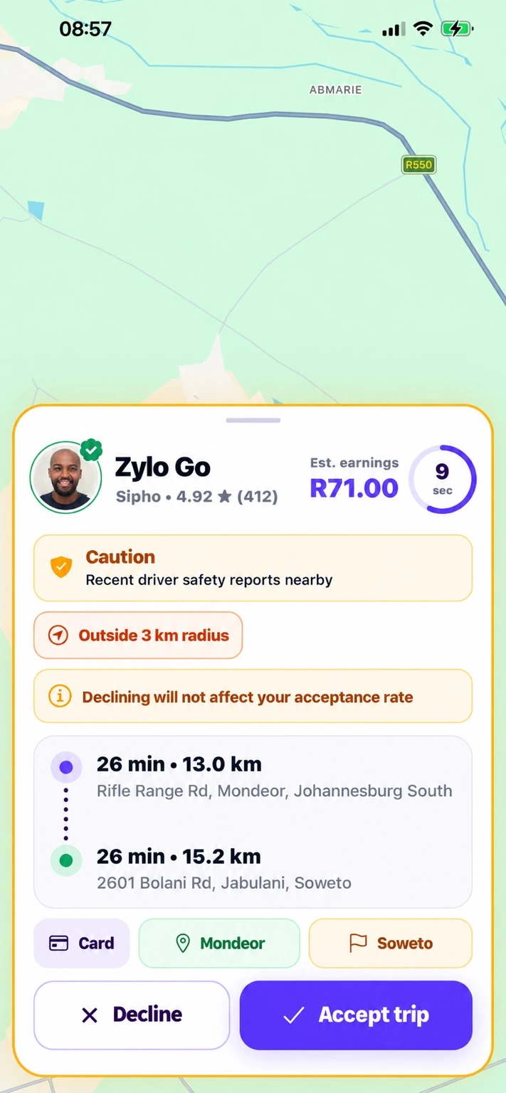 Zylo Driver app incoming trip request showing verified rider Sipho, estimated earnings, pickup, destination and trip controls